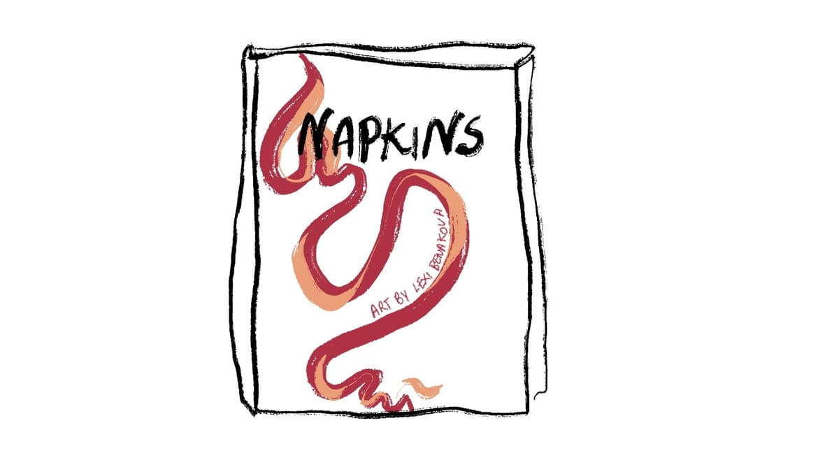 A hand-drawn magazine cover reading “Napkins”, with a red and orange ribbon curling down the front