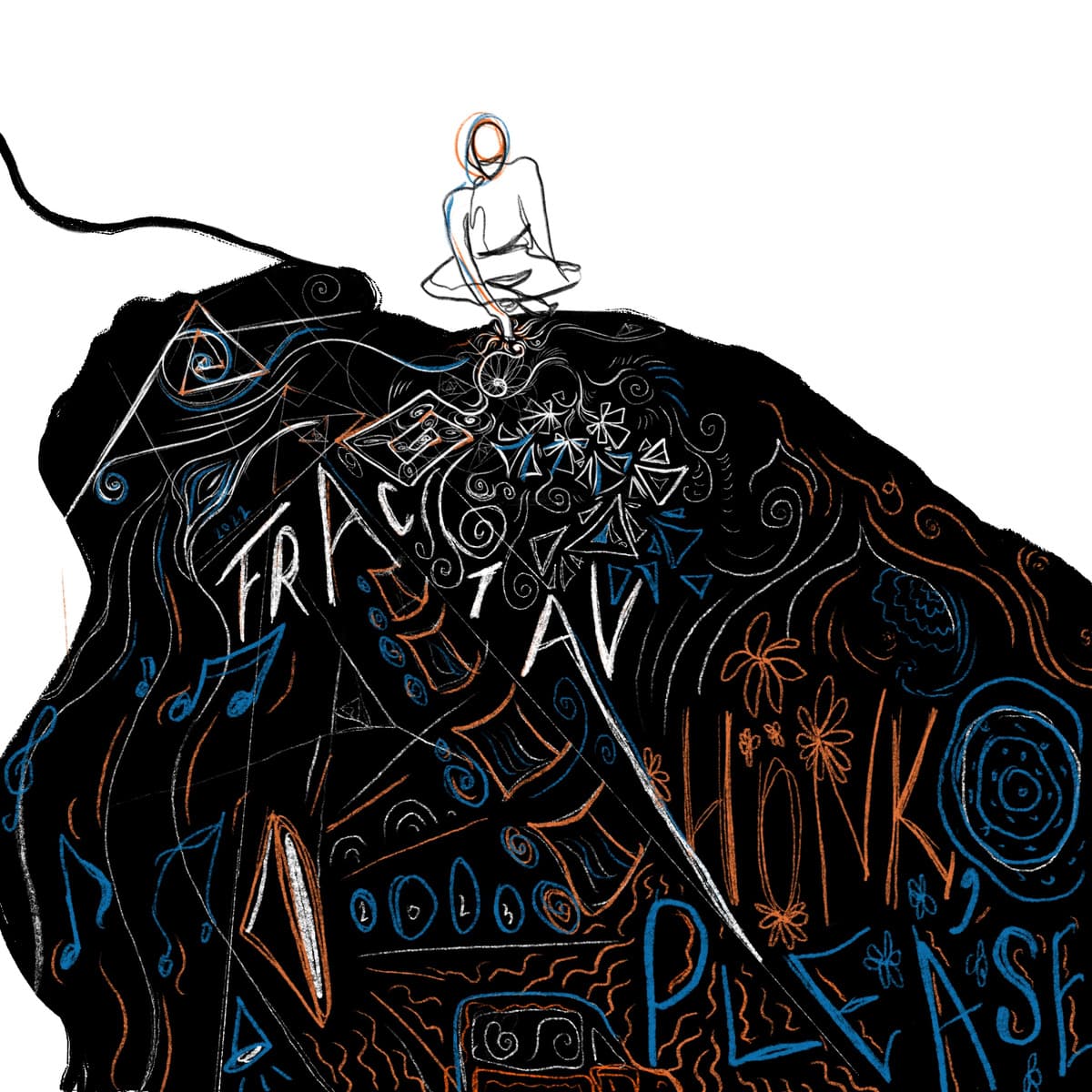 An illustration of a figure sitting cross-legged on top of a large black shape filled with blue and orange doodles — musical notes, flowers, spirals and scattered words
