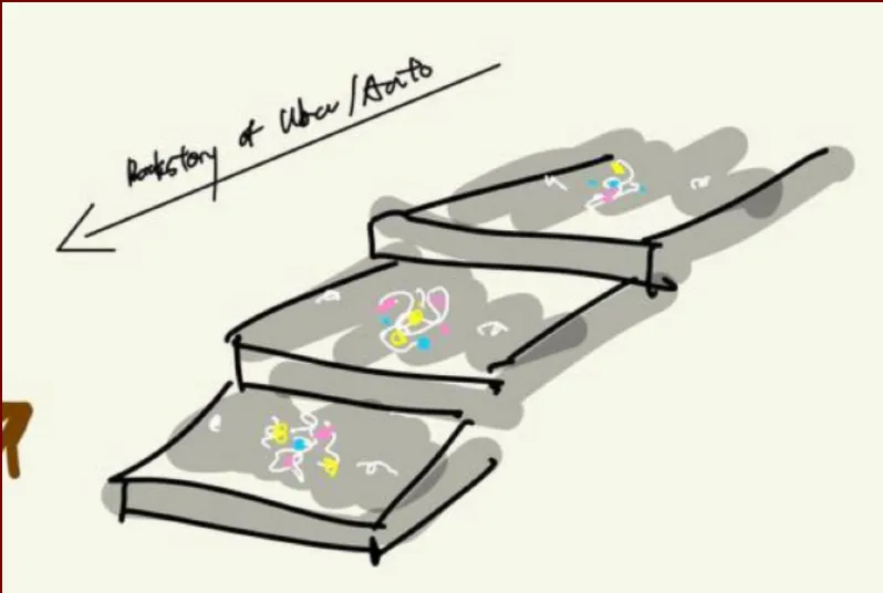 A sketch of the staircase down into the exhibition, its steps loosely coloured in.