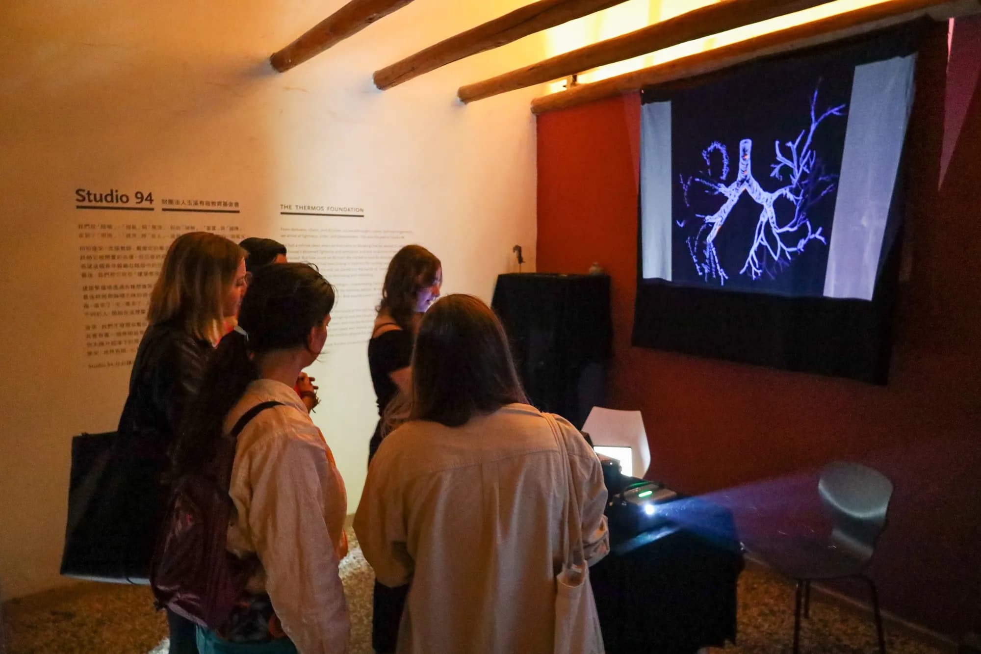 Visitors standing in a darkened room watching a projected image of branching bronchial tubes on the wall.