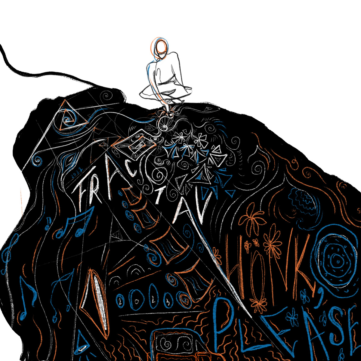 An illustration of a figure sitting cross-legged on top of a large black shape filled with blue and orange doodles — musical notes, flowers, spirals and scattered words