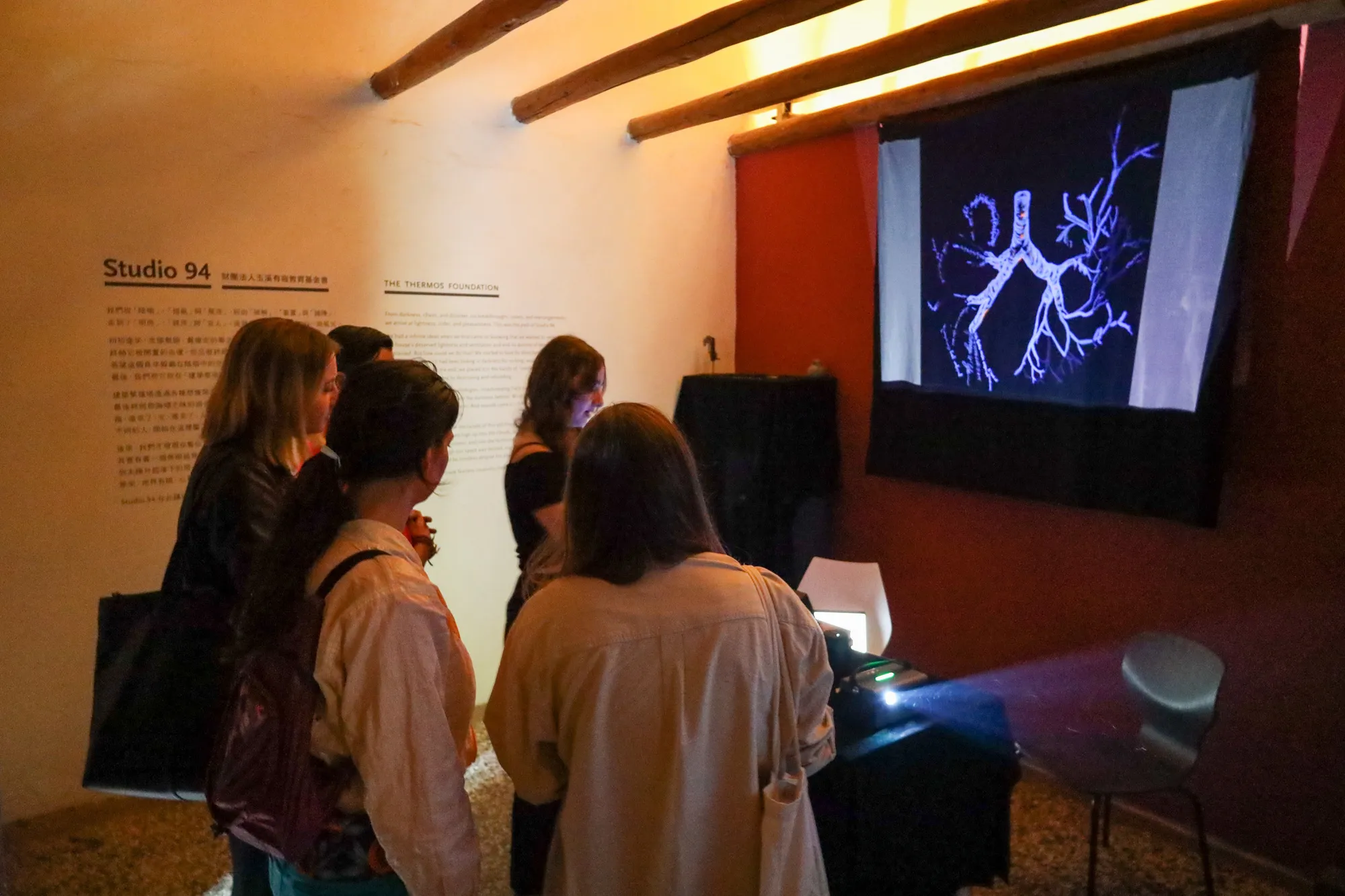 Visitors standing in a darkened room watching a projected image of branching bronchial tubes on the wall.